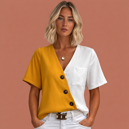 Colorblock blouse with asymmetrical buttons for women | Mirthe
