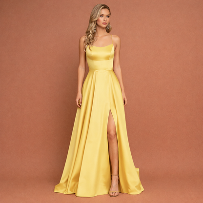 Maxi evening dress with thin straps and high slit for women | Aurelia