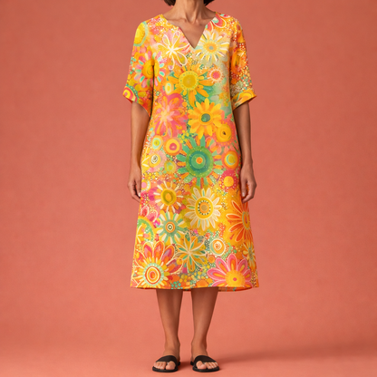 Midi Floral Dress with V-Neck for Women | Froukje
