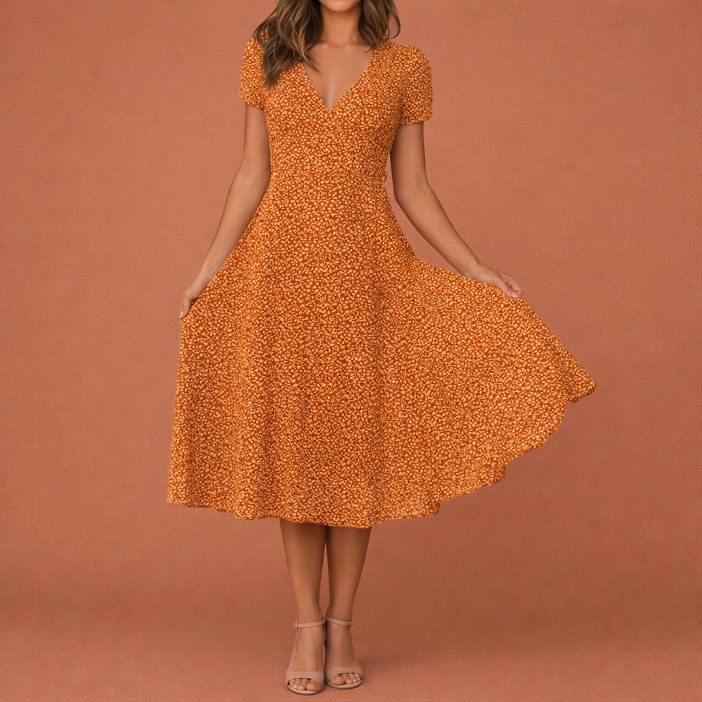 Summer Midi A-Line Dress with Floral Print and V-Neck for Women | Celine