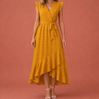 Maxi pleated dress with polka dots and short sleeves for women | Celina