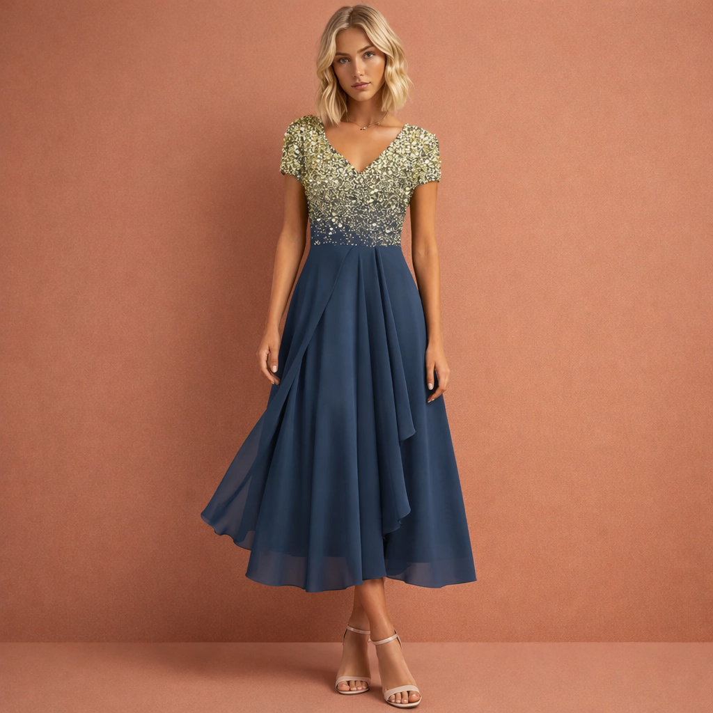 Midi evening dress with V-neck and floral bodice for women | Faith
