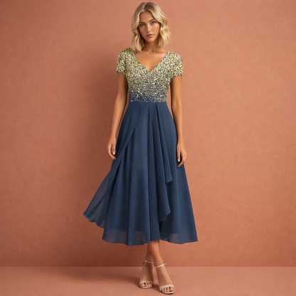 Midi evening dress with V-neck and floral bodice for women | Faith