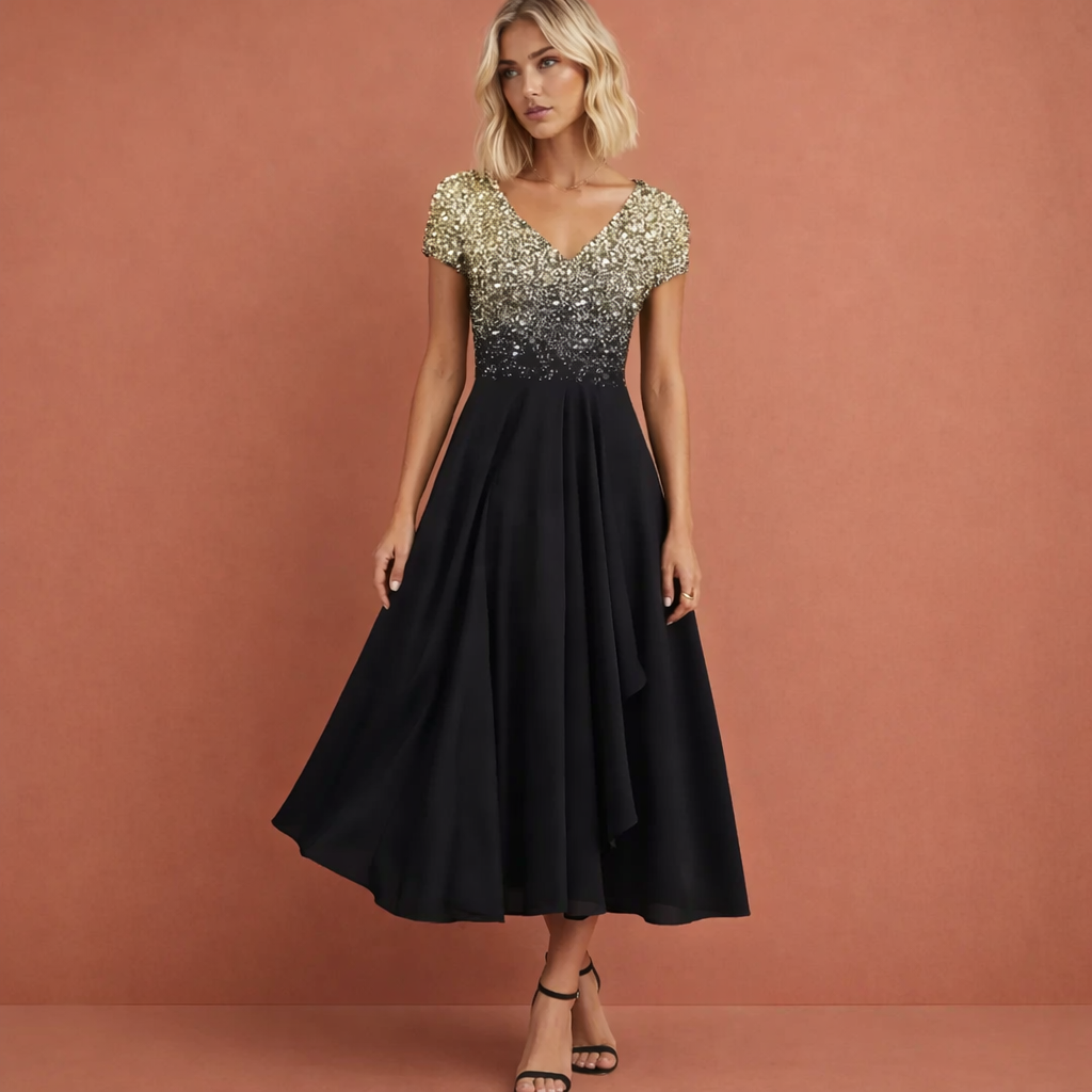 Midi evening dress with V-neck and floral bodice for women | Faith