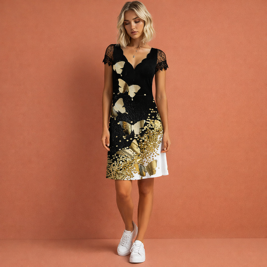 Lace Mini Dress with Scalloped V-Neck for Women | Danara