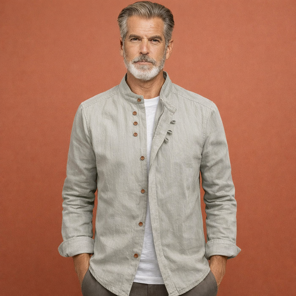 Men's shirt in Japanese style with high collar and asymmetrical buttons | Arjan