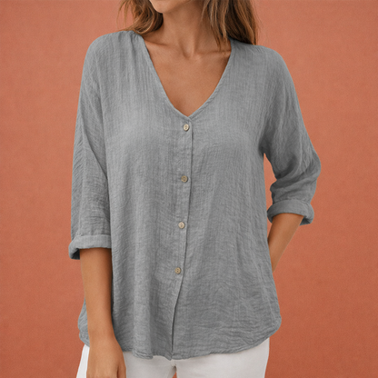 V-neck women's T-shirt with button closure and three-quarter sleeves | Ylena