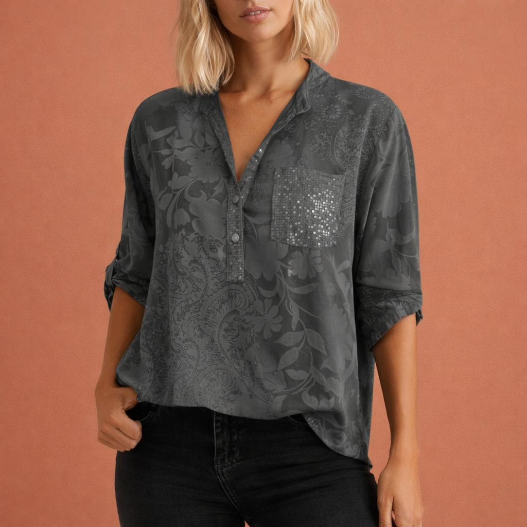 Elegant women's blouse with V-neck and subtle floral texture | Nadine