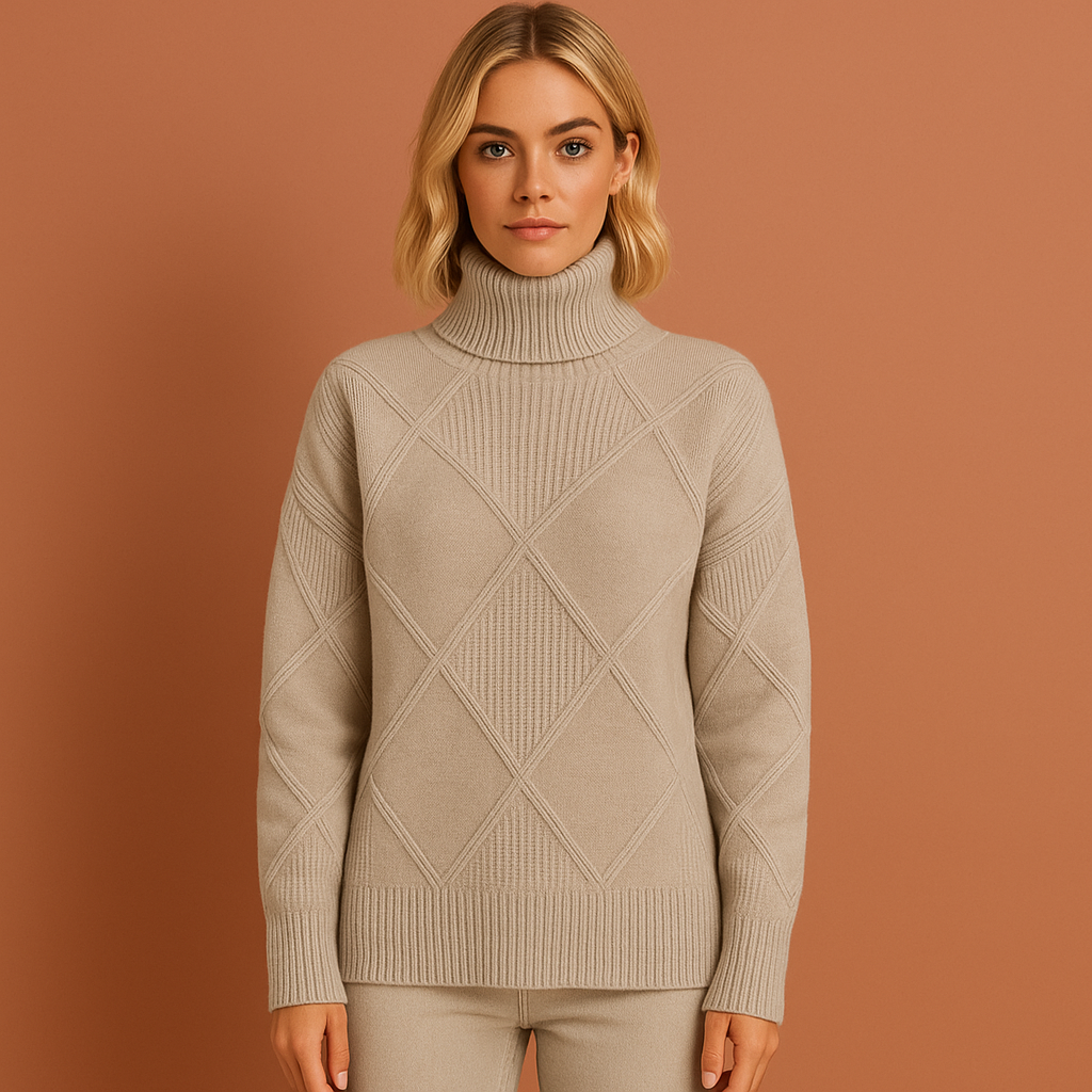 Knitted turtleneck sweater with geometric pattern for women | Lotte
