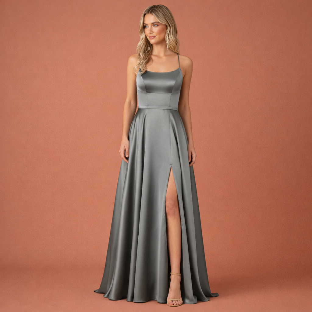 Maxi evening dress with thin straps and high slit for women | Aurelia