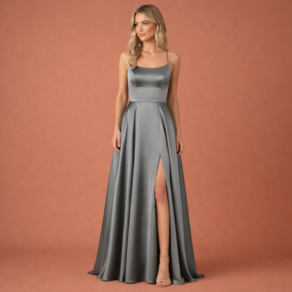 Maxi evening dress with thin straps and high slit for women | Aurelia