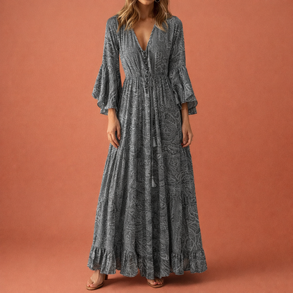 Maxi Bohemian Floral Dress with Flared Sleeves for Women | Aveline