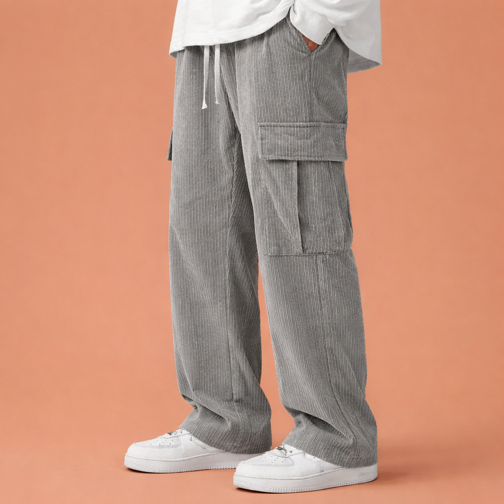 Corduroy cargo pants with drawstring and loose fit for men | Wybren