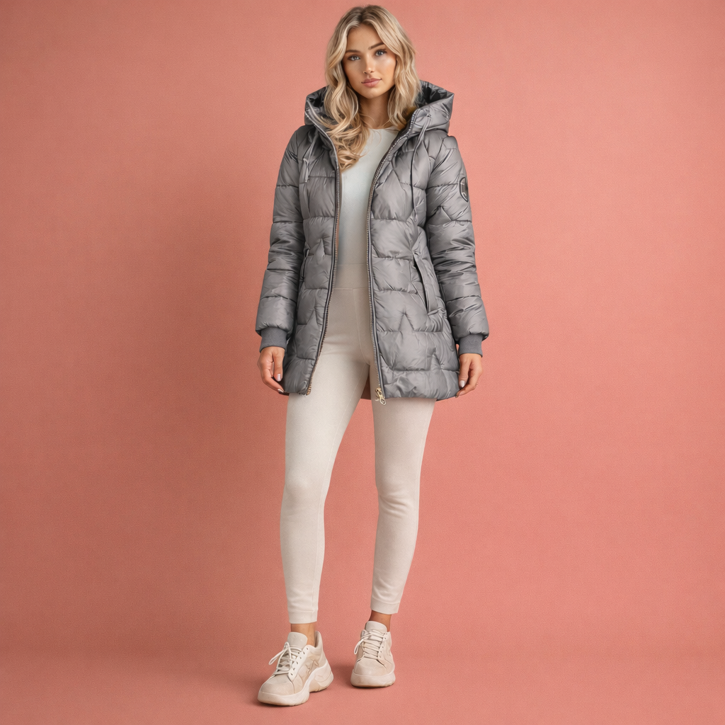 Long padded coat with hood and zipper for women | Yvette