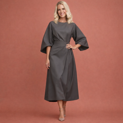 Midi dress with lantern sleeves and belt for women | Julie