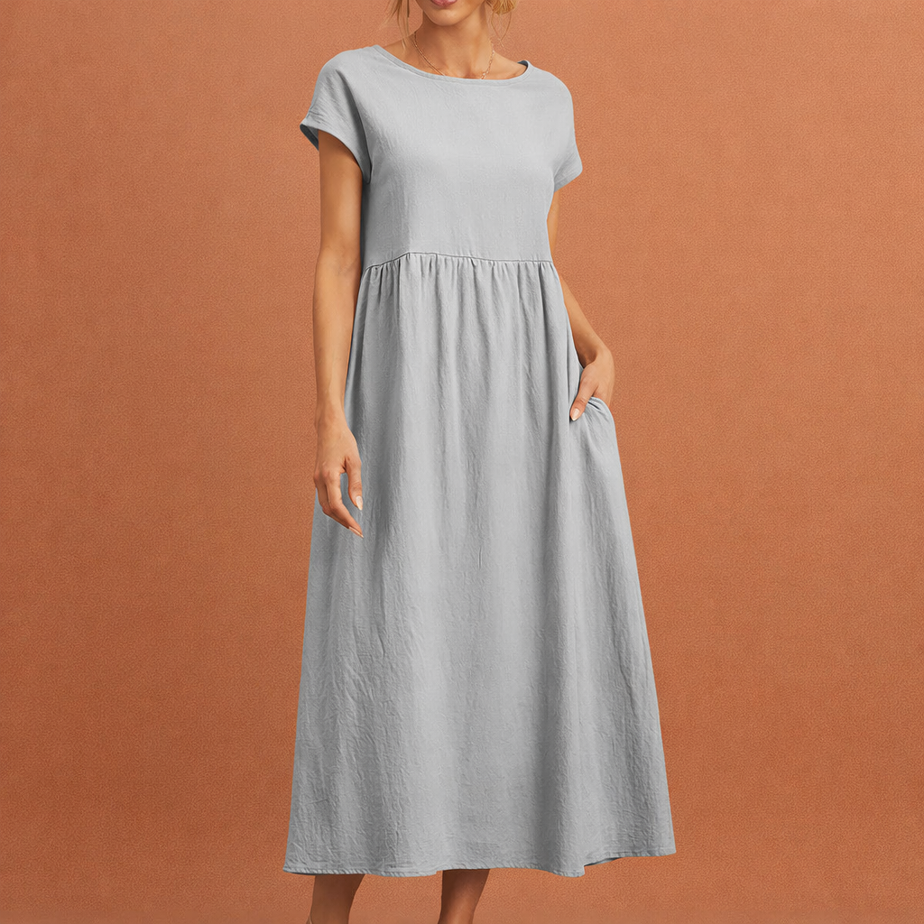 Midi vintage O-neck dress for women with a loose fit and summer elegance | Hilde