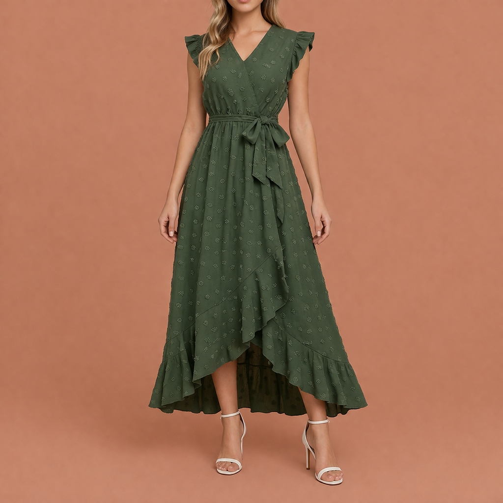 Maxi pleated dress with polka dots and short sleeves for women | Celina