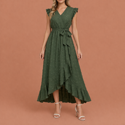 Maxi pleated dress with polka dots and short sleeves for women | Celina