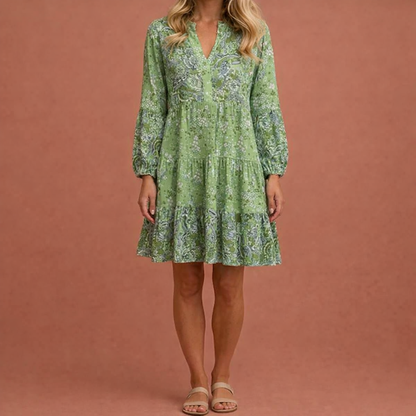 Bohemian midi dress with V-neck and flared sleeves for women | Aveline