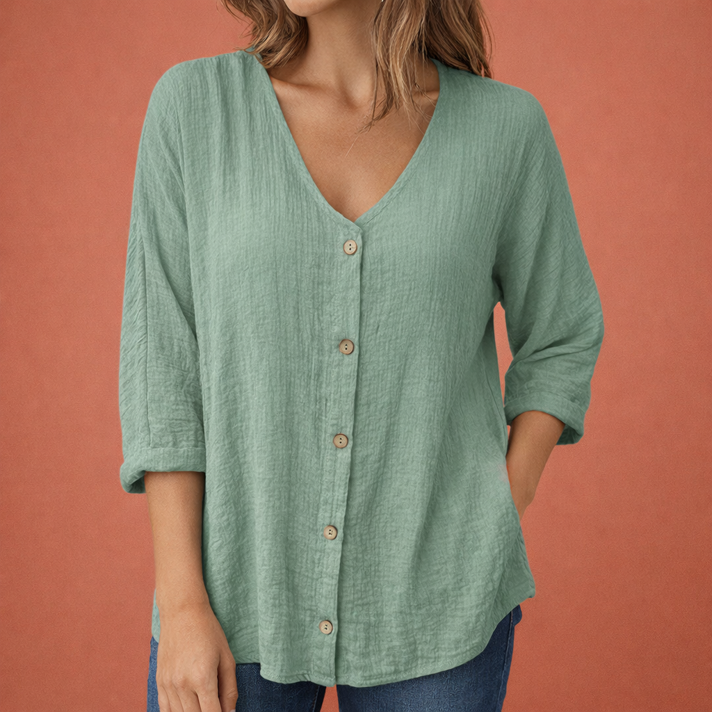 V-neck women's T-shirt with button closure and three-quarter sleeves | Ylena