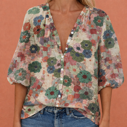 Printed blouse with V-neck and button closure for women | Mireya