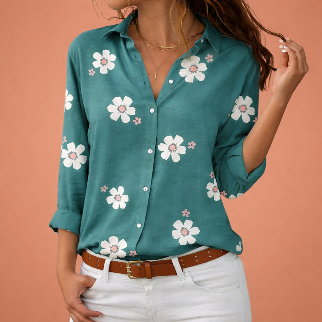 Flower print women's blouse with collar and button closure | Vivara