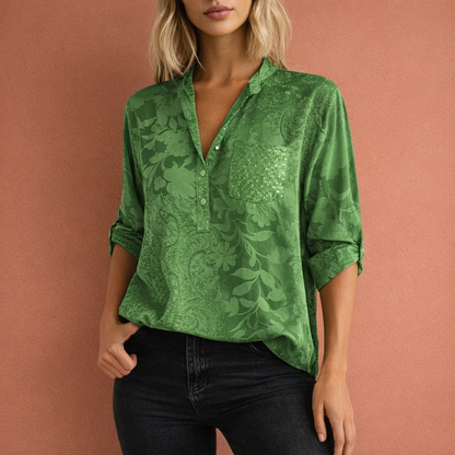 Elegant women's blouse with V-neck and subtle floral texture | Nadine
