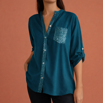 Sequined blouse with rolled sleeves for women | Marieke