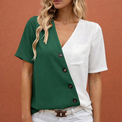 Colorblock blouse with asymmetrical buttons for women | Mirthe