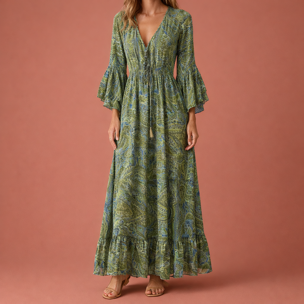 Maxi Bohemian Floral Dress with Flared Sleeves for Women | Aveline