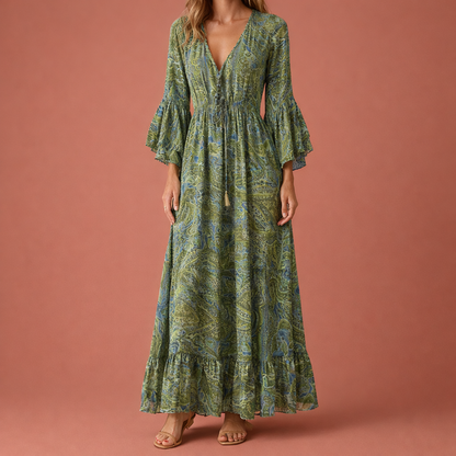 Maxi Bohemian Floral Dress with Flared Sleeves for Women | Aveline