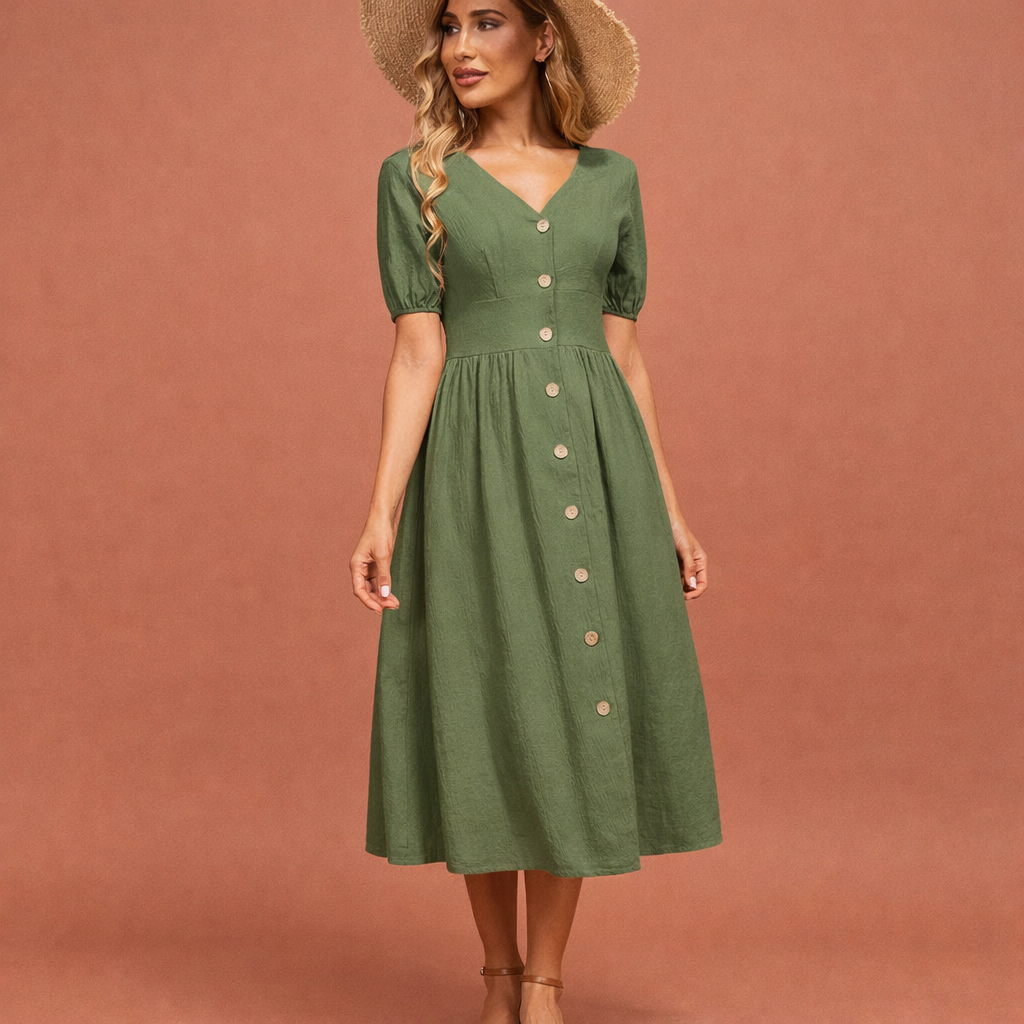 Maxi dress with V-neck and elastic waist for women | Elvira