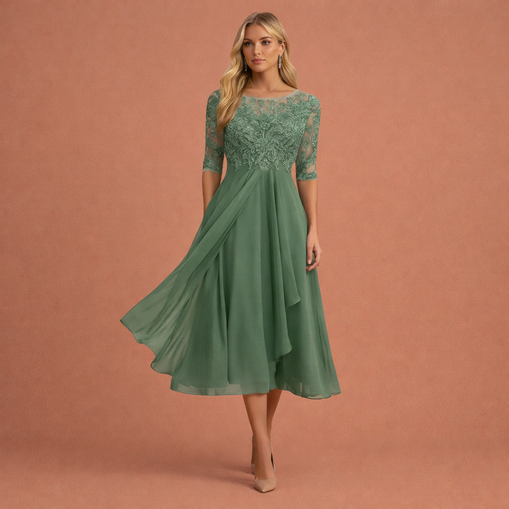Midi evening dress with lace bodice and layered skirt for women | Amalia