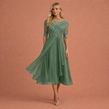 Midi evening dress with lace bodice and layered skirt for women | Amalia