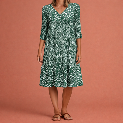 Midi dress with short sleeves and V-neck for women | Elaraëlle