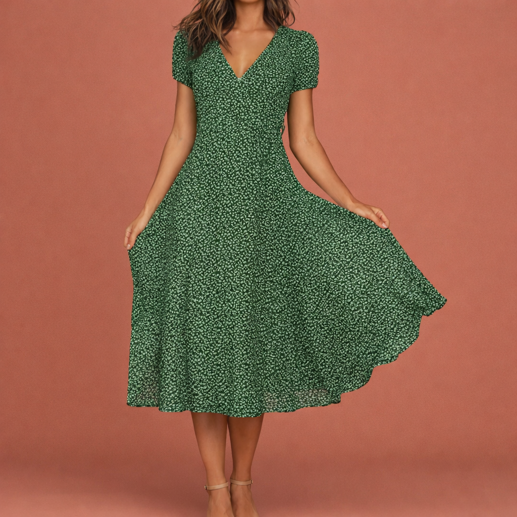 Summer Midi A-Line Dress with Floral Print and V-Neck for Women | Celine
