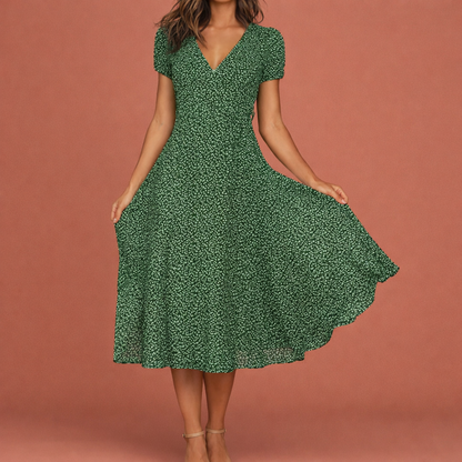 Summer Midi A-Line Dress with Floral Print and V-Neck for Women | Celine
