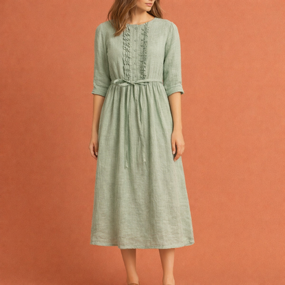 Linen Midi Dress with Bohemian Print for Women | Juliette