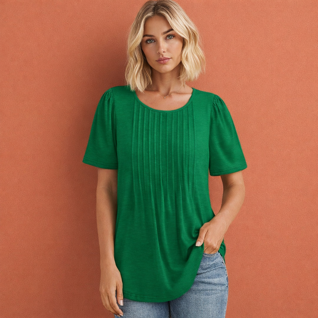 Ladies' Summer Top with Round Neck and Pleat Details | Marlijn