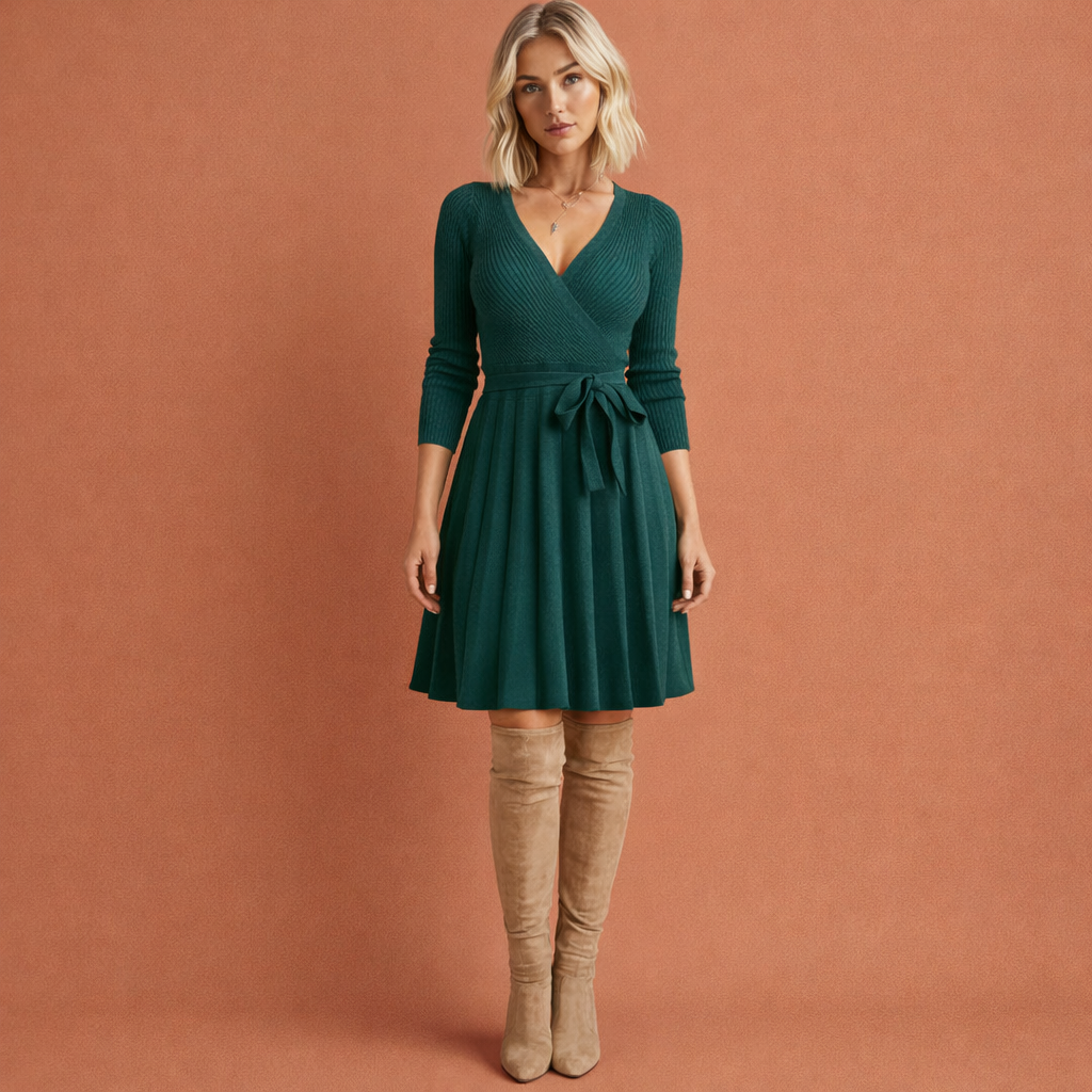 Dress with V-neck and belt for women | Naomi