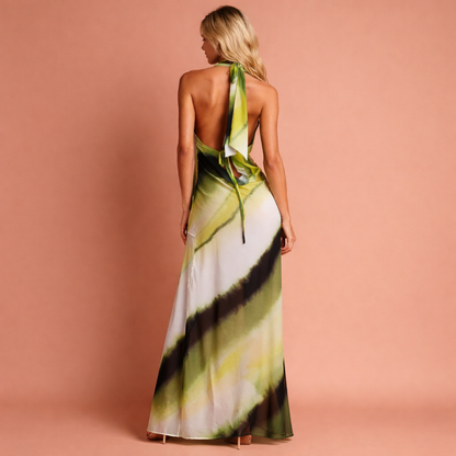Long halter dress with waterfall neckline for women | Wilhelmina
