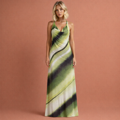 Long halter dress with waterfall neckline for women | Wilhelmina