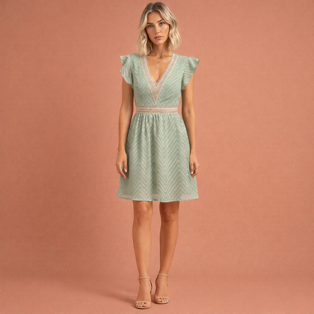 Lightweight mini dress with V-neck and waistband for women | Novi