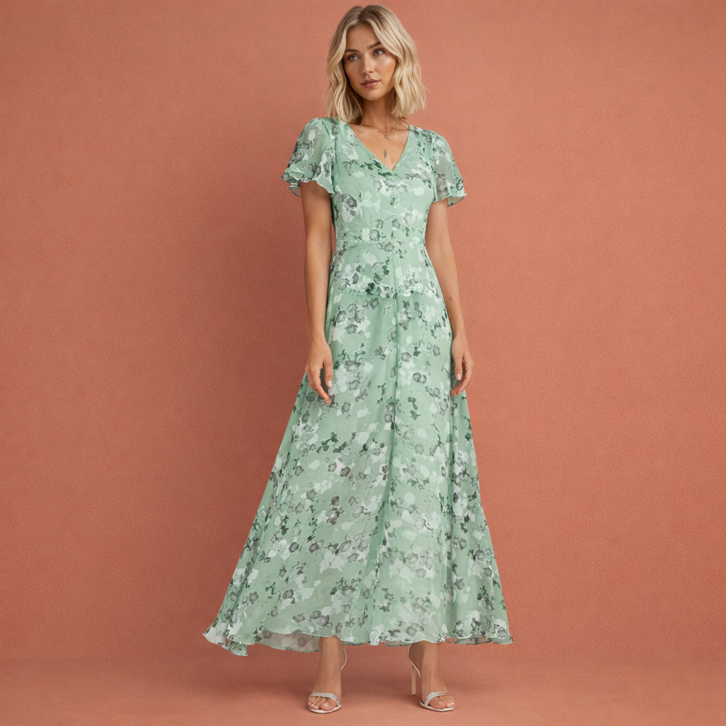 Maxi dress with V-neck and butterfly sleeves for women | Emilia