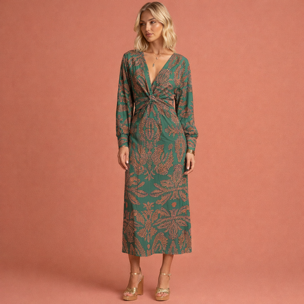 Elegant midi dress with twist detail and floral pattern for women | Lowiena