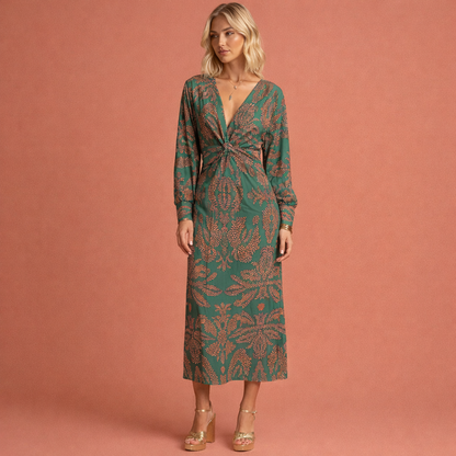 Elegant midi dress with twist detail and floral pattern for women | Lowiena