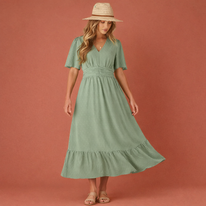 Midi summer dress with V-neck and waist accentuation for women | Toos