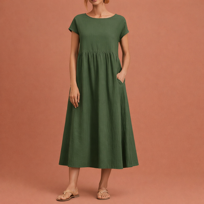 Midi vintage O-neck dress for women with a loose fit and summer elegance | Hilde