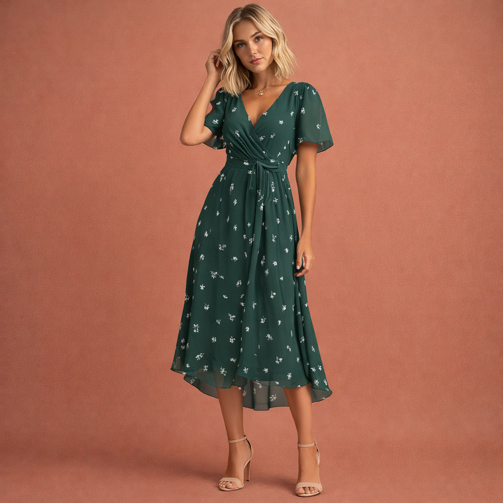 Midi dress with floral print and short sleeves for women | Charlotte