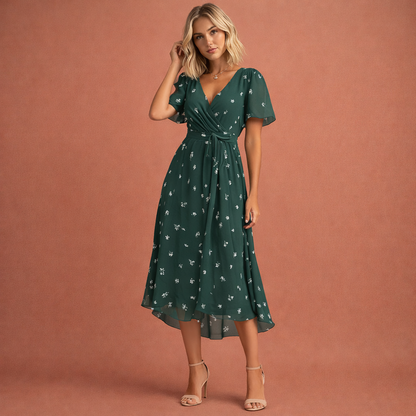 Midi dress with floral print and short sleeves for women | Charlotte
